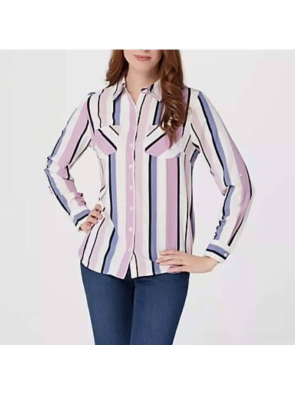 D & Co Button Up Shirt Womens 1X Purple Blue Striped Long Sleeve